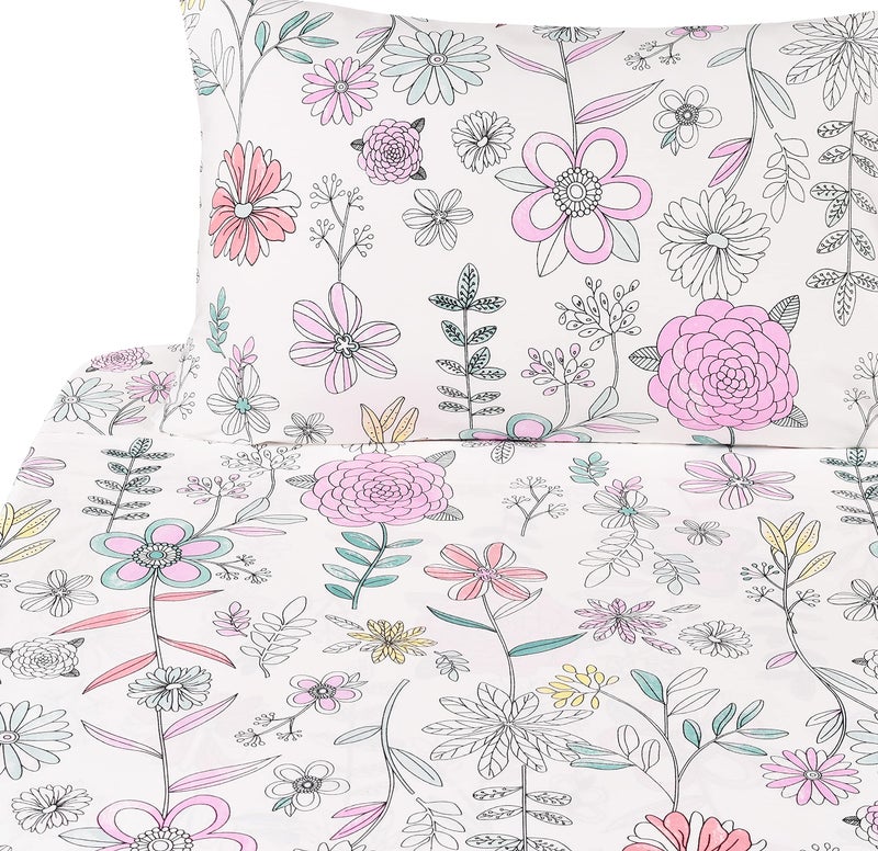 جيه-بينو مجموعة ملاءات مزدوجة من J pinno Painting Flower Plant لطيفة ومريحة وممتعة للأطفال والبنات والأطفال، ملاءة مسطحة من القطن بنسبة 100% + ملاءة جاهزة + طقم غطاء وسادة (زهرة توأم) - Image 1